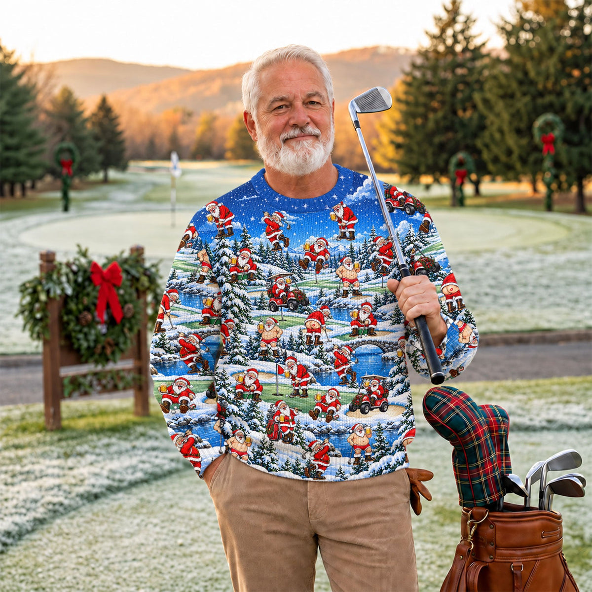 Snowy Santa Golf Pattern Ugly Christmas Sweater, Christmas Golf Gift, Funny Xmas Gift