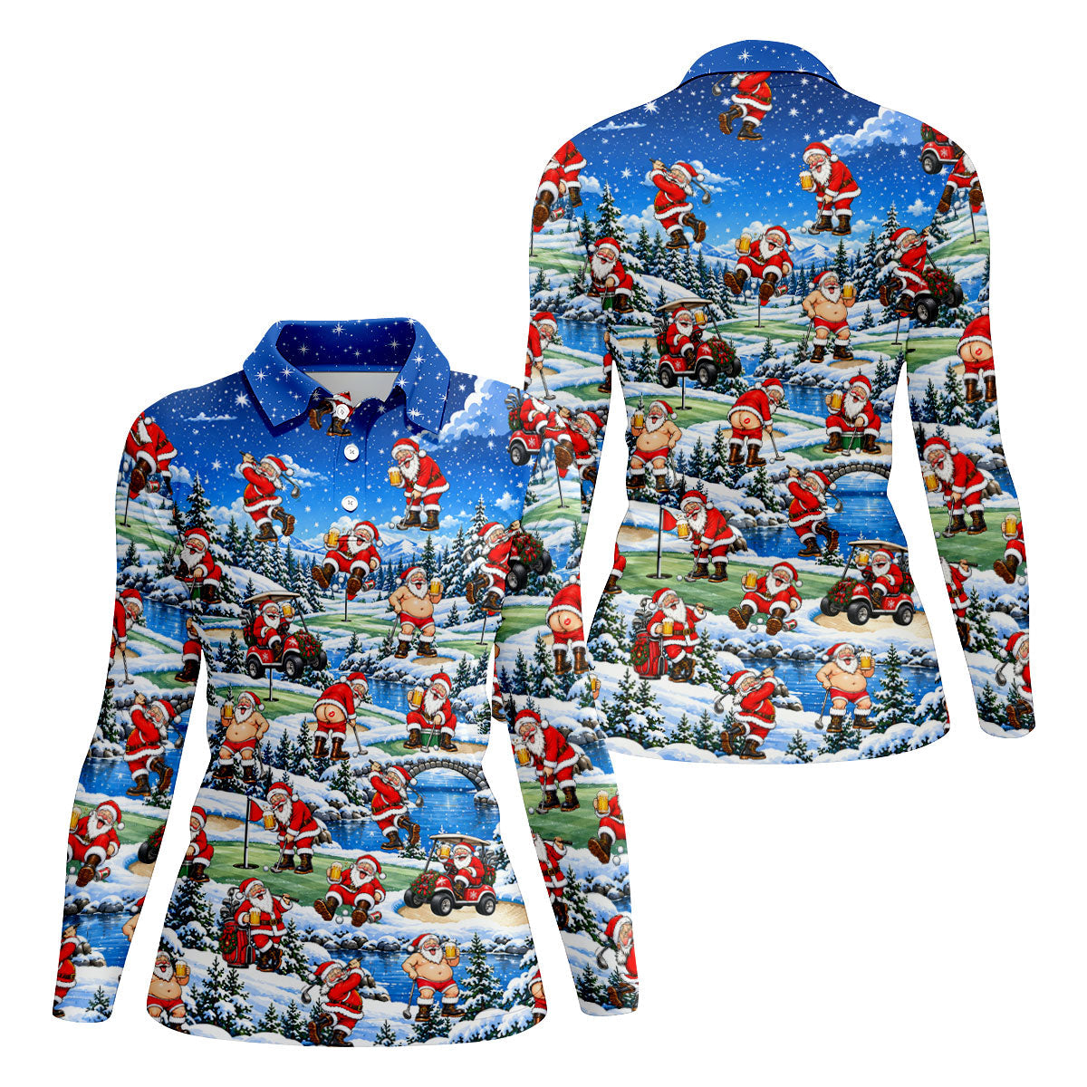 Snowy Santa Golf Pattern Christmas Golf Shirt, Womens Golf Shirts, Ladies Golf Shirts