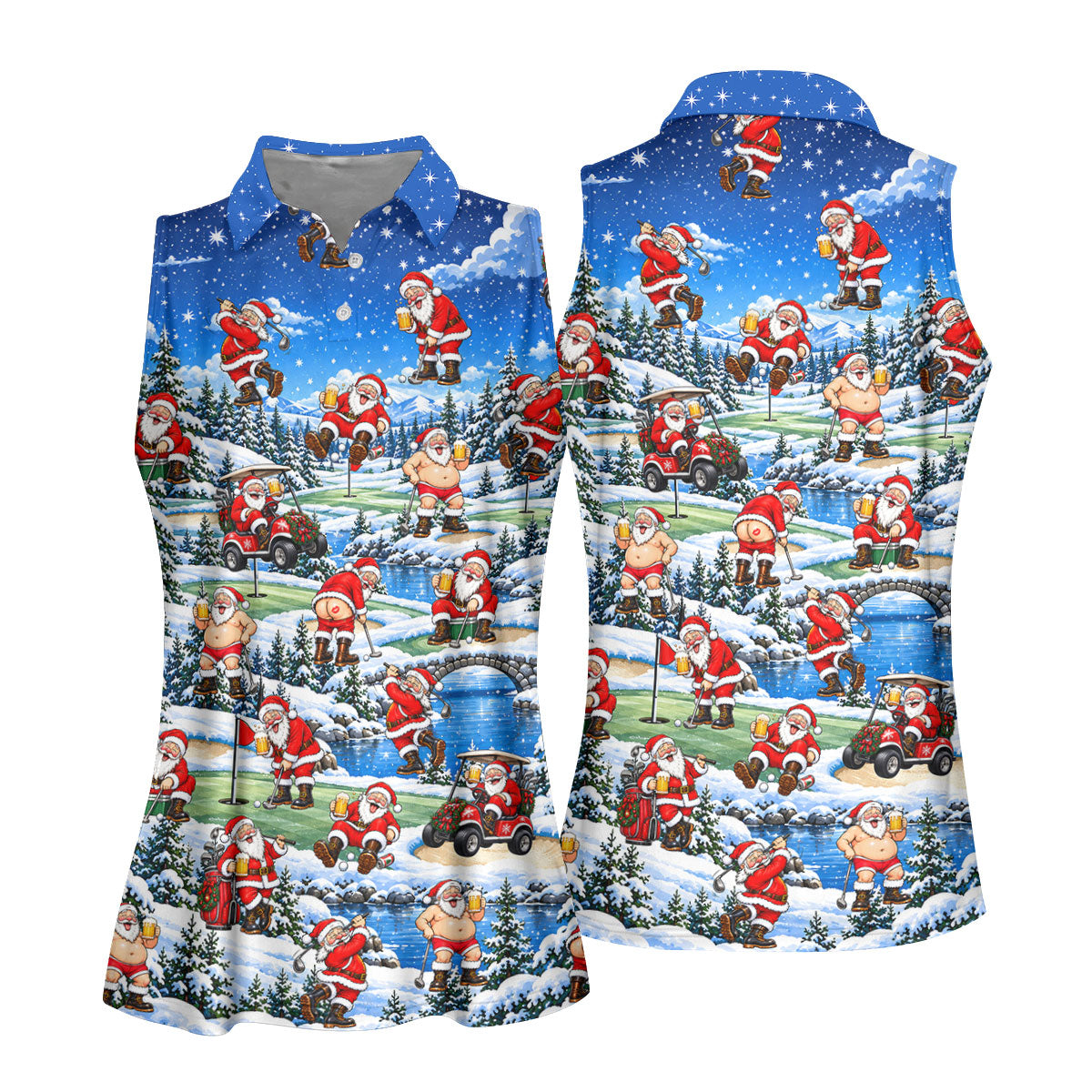 Snowy Santa Golf Pattern Christmas Golf Shirt, Womens Golf Shirts, Ladies Golf Shirts