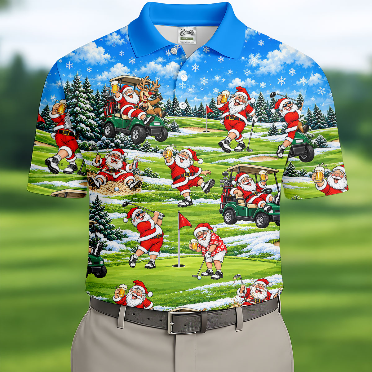Santa Golf Course Pattern Christmas Golf Shirt, Golf Gifts For Men, Golf Polo For Men