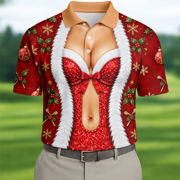 Red Sequin Fur Corset Christmas Golf Shirt, Golf Shirts For Men, Mens Golf Shirts