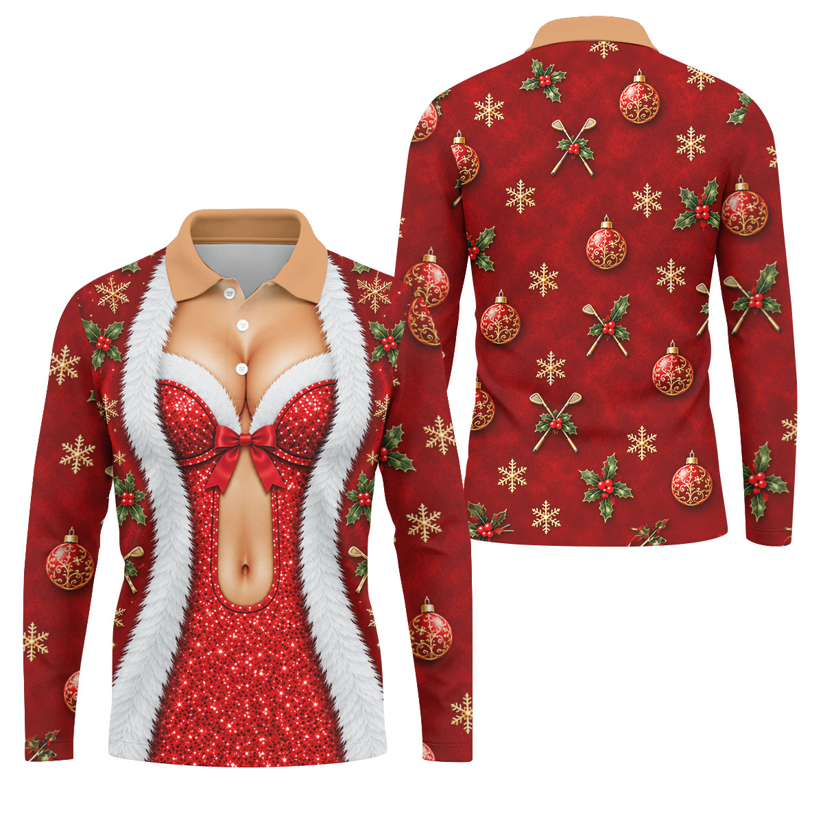 Red Sequin Fur Corset Christmas Golf Shirt, Golf Shirts For Men, Mens Golf Shirts