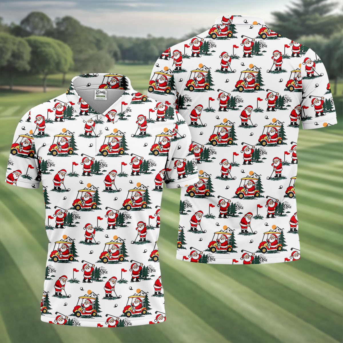 Santa Golf Cart Pattern Christmas Golf Shirt, Golf Polo For Men, Golf Shirts For Men