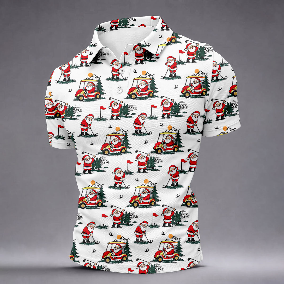 Santa Golf Cart Pattern Christmas Golf Shirt, Golf Polo For Men, Golf Shirts For Men
