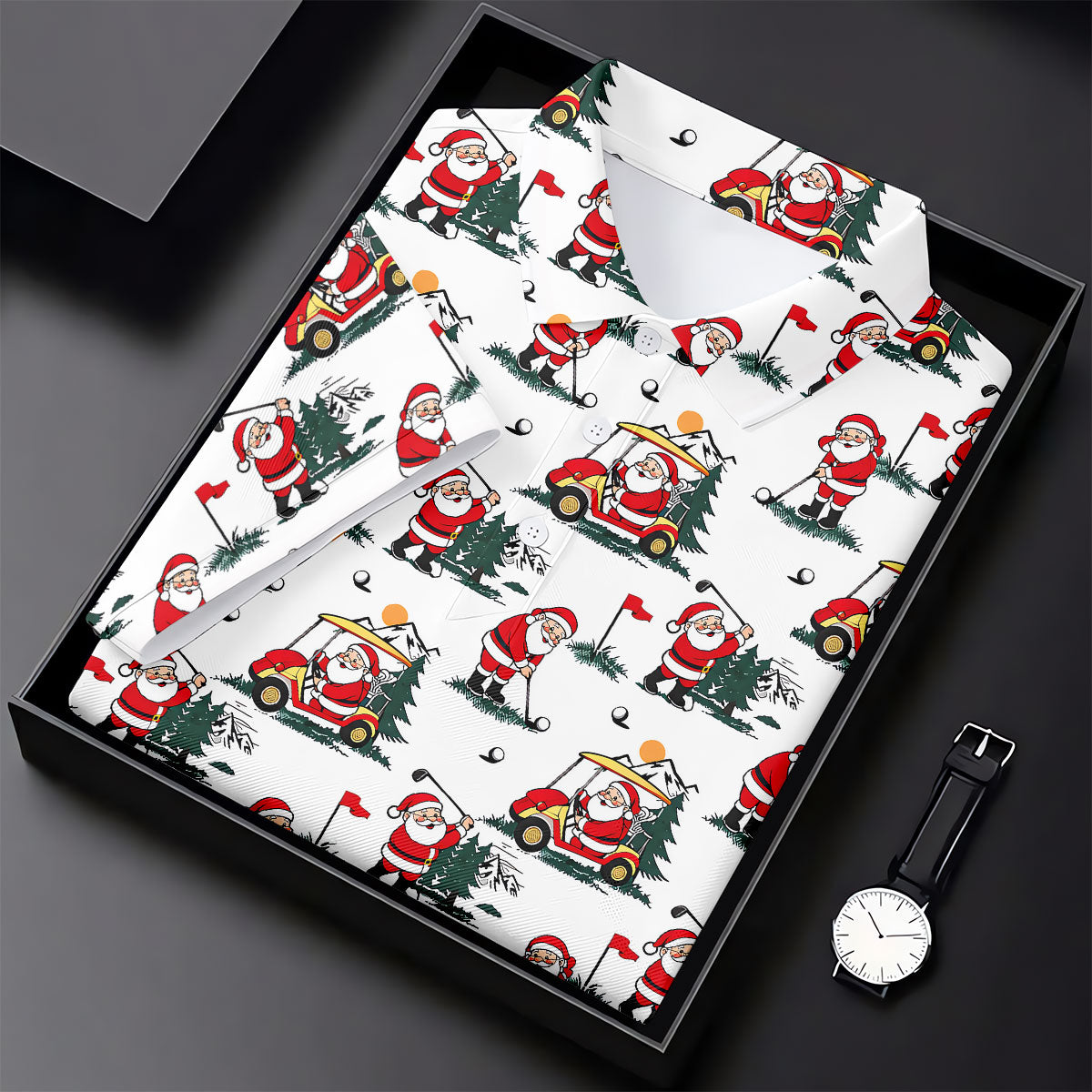 Santa Golf Cart Pattern Christmas Golf Shirt, Golf Shirts For Women, Womens Golf Tops