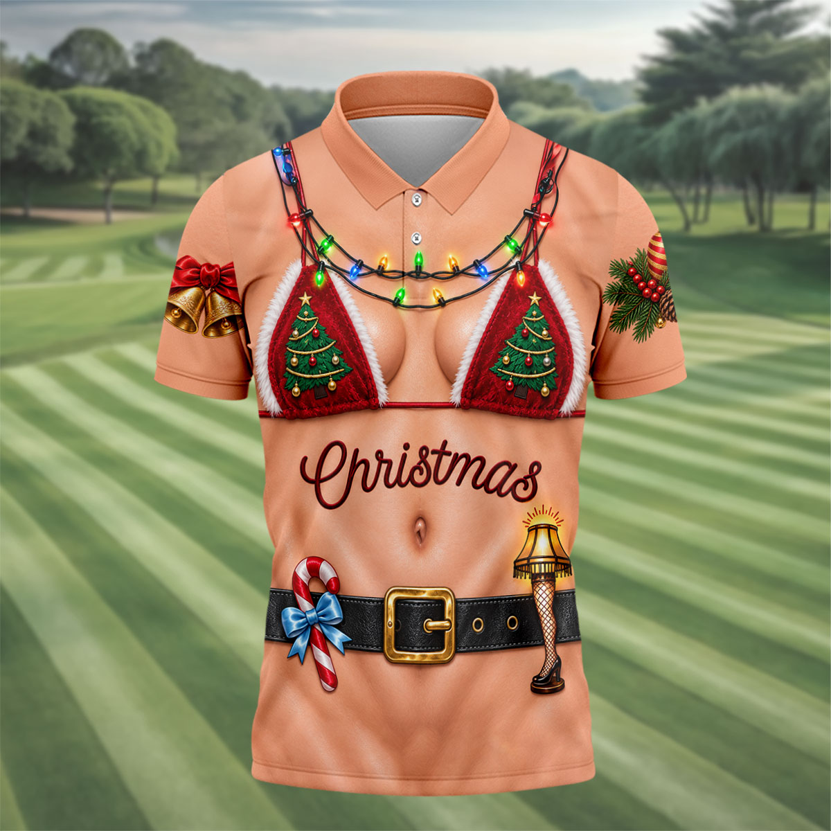 Xmas Tree Bikini Lights Christmas Golf Shirt, Mens Golf Clothing, Mens Golf Shirts
