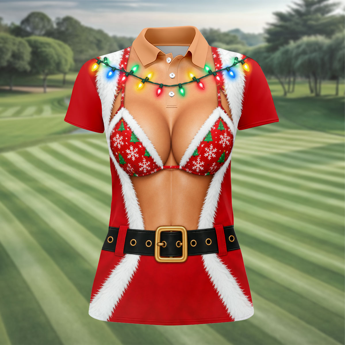 Santa Coat Bikini Lights Christmas Golf Shirt, Ladies Golf Tops, Womens Golf Apparel