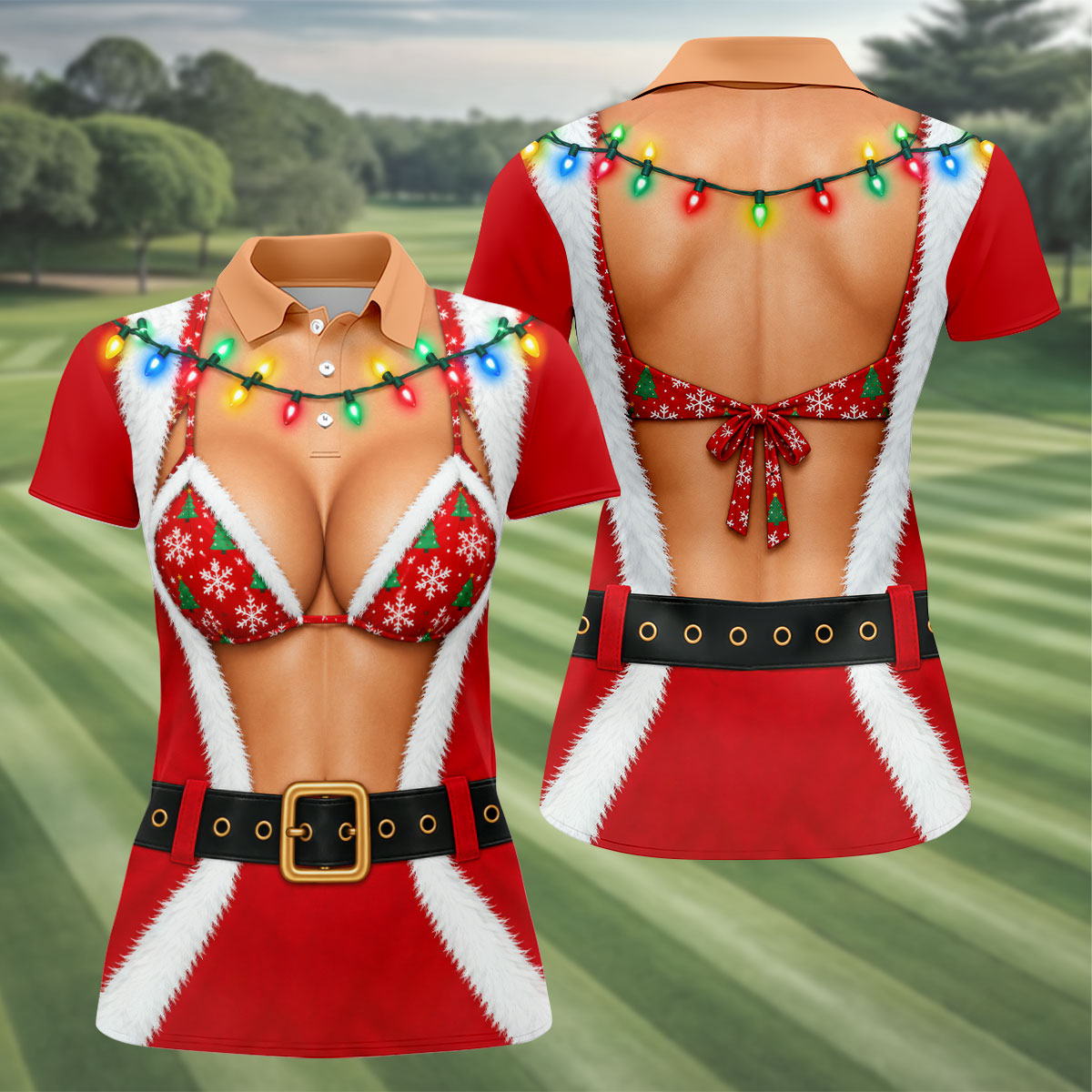 Santa Coat Bikini Lights Christmas Golf Shirt, Ladies Golf Tops, Womens Golf Apparel