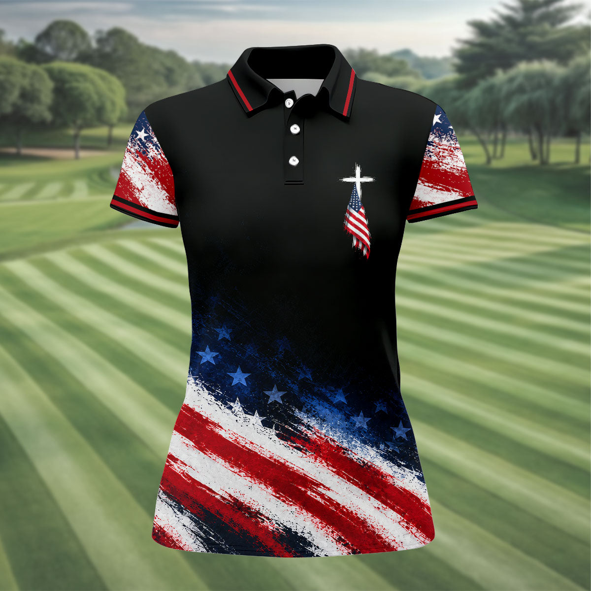 Veteran Cross USA Flag Golf Polo Shirt, Ladies Golf Shirts, Veterans Day Golf Shirt