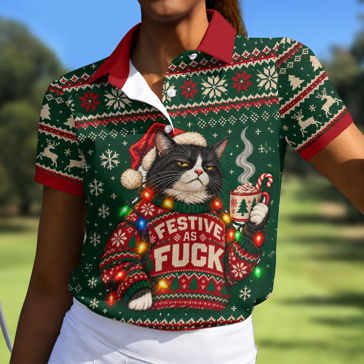 Festive Cat Lights Christmas Golf Shirt, Womens Golf Tops, Golf Shirts For Women