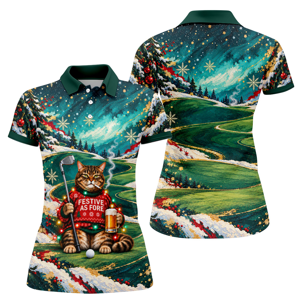 Aurora Cat Beer Christmas Golf Shirt, Womens Golf Apparel, Golf Shirts For Women