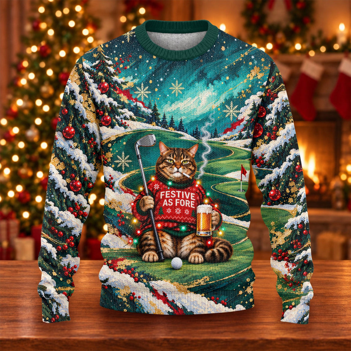 Ugly Christmas Sweater Aurora Cat Beer, Ugly Sweater Party, Holiday Party Sweater