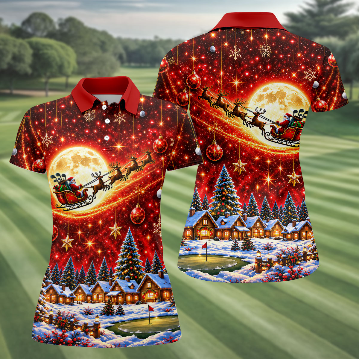 Santa Sleigh Comet Christmas Golf Shirt, Ladies Golf Shirts, Womens Golf Apparel