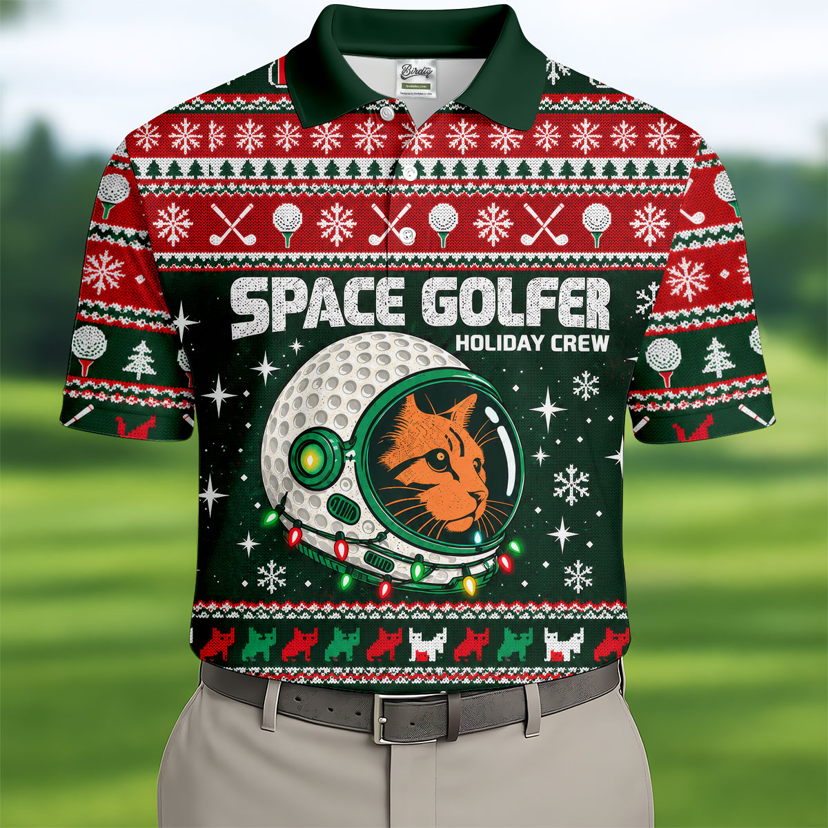 Space Golfer Christmas Golf Shirt, Funny Mens Golf Shirts, Mens Holiday Golf Shirts