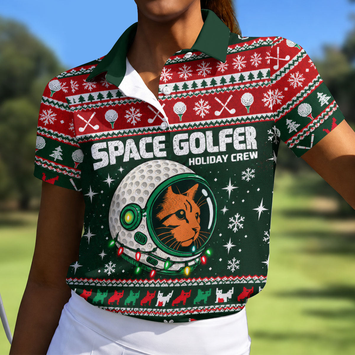 Funny Space Golfer Christmas Golf Shirt, Ladies Golf Shirts, Womens Golf Clothing
