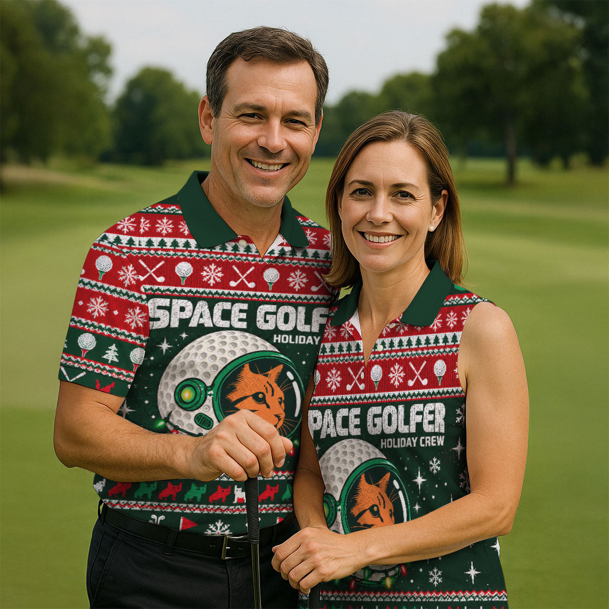 Space Golfer Christmas Golf Shirt, Funny Mens Golf Shirts, Mens Holiday Golf Shirts