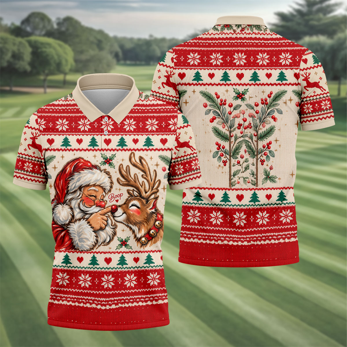 Santa Reindeer Christmas Golf Shirt, Mens Golf Apparel, Mens Holiday Golf Shirts