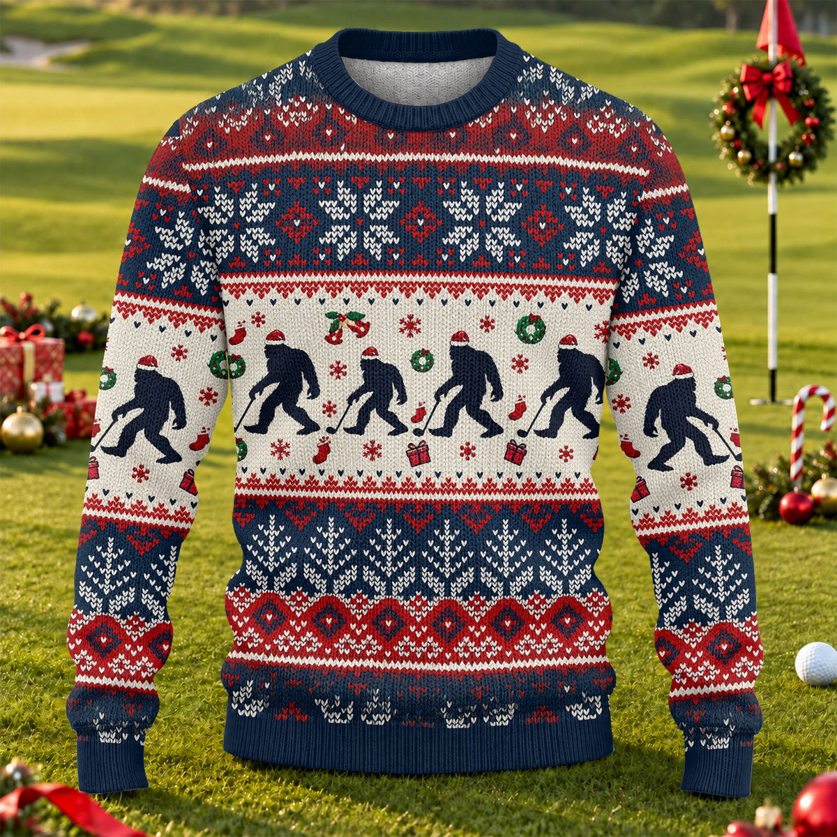 Ugly Christmas Sweater Bigfoot Santa, Christmas Golf Gift, Funny Holiday Sweater