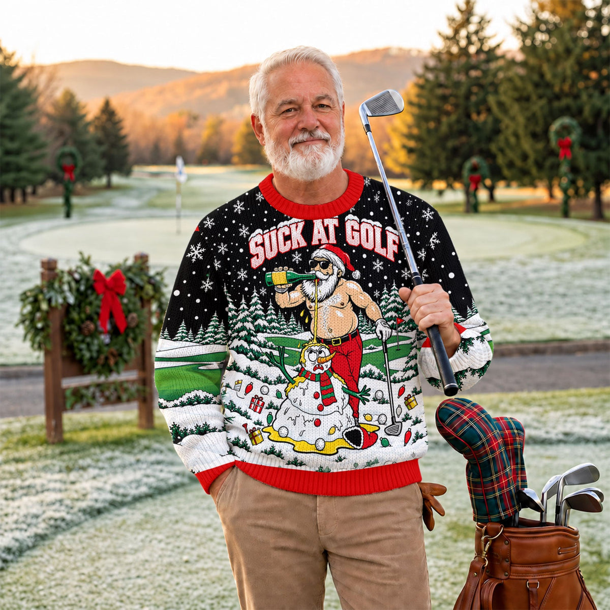 Suck At Golf Santa Beer Ugly Christmas Sweater, Funny Xmas Gift, Christmas Golf Gift