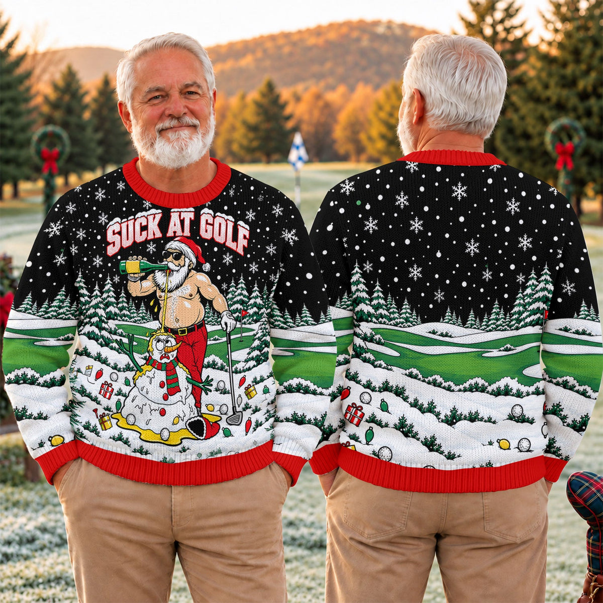 Suck At Golf Santa Beer Ugly Christmas Sweater, Funny Xmas Gift, Christmas Golf Gift