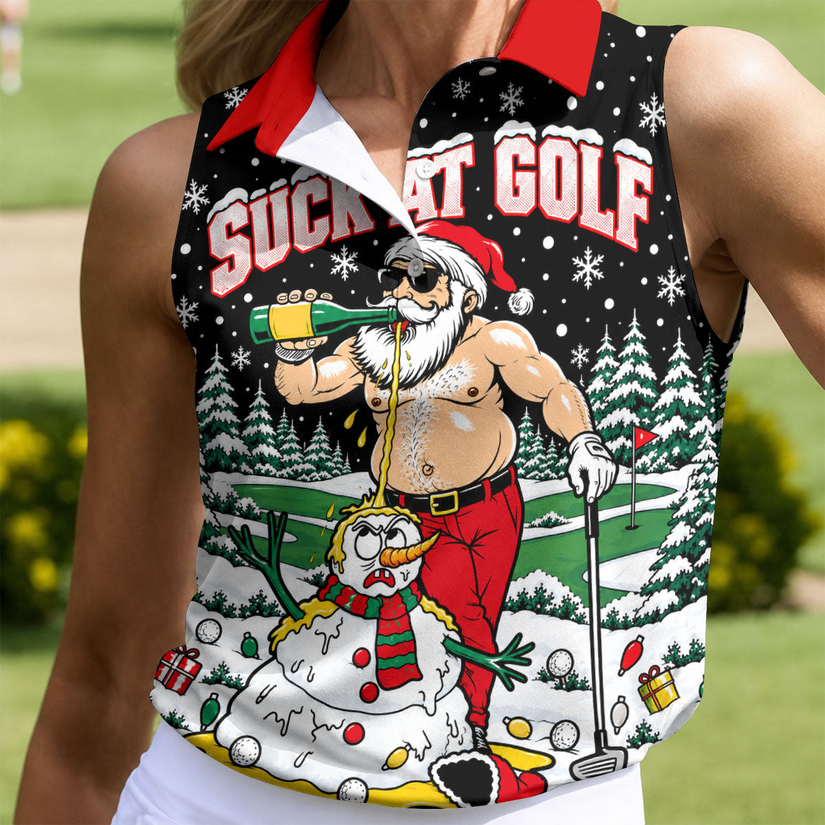 Suck At Golf Santa Beer Christmas Golf Shirt, Womens Golf Shirts, Ladies Golf Apparel