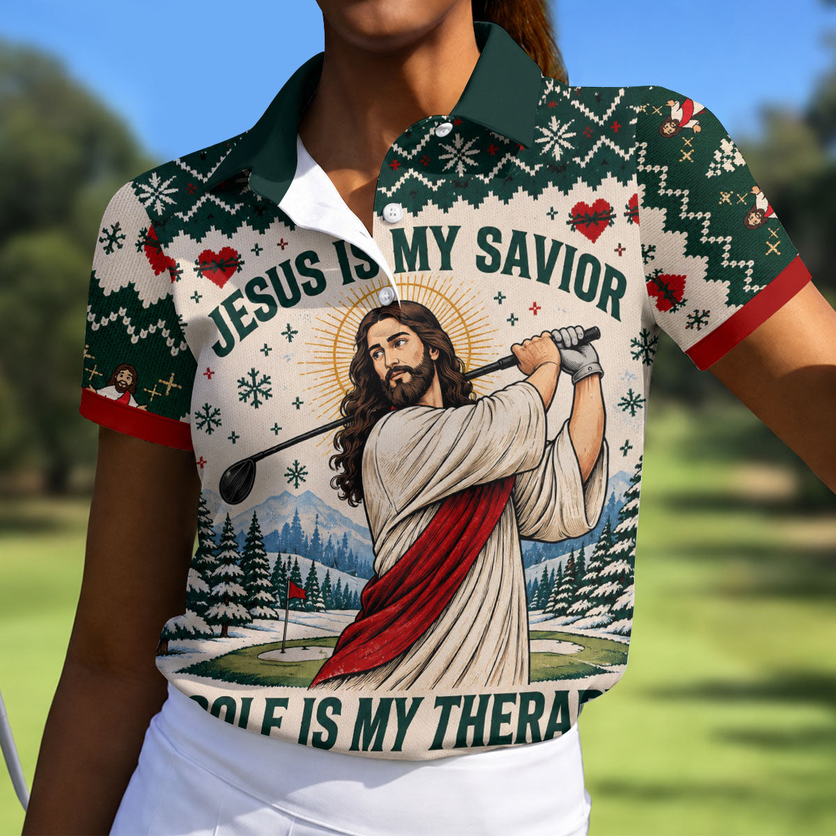 Jesus Savior Golf Therapy Christmas Golf Shirt, Womens Golf Apparel, Ladies Golf Tops