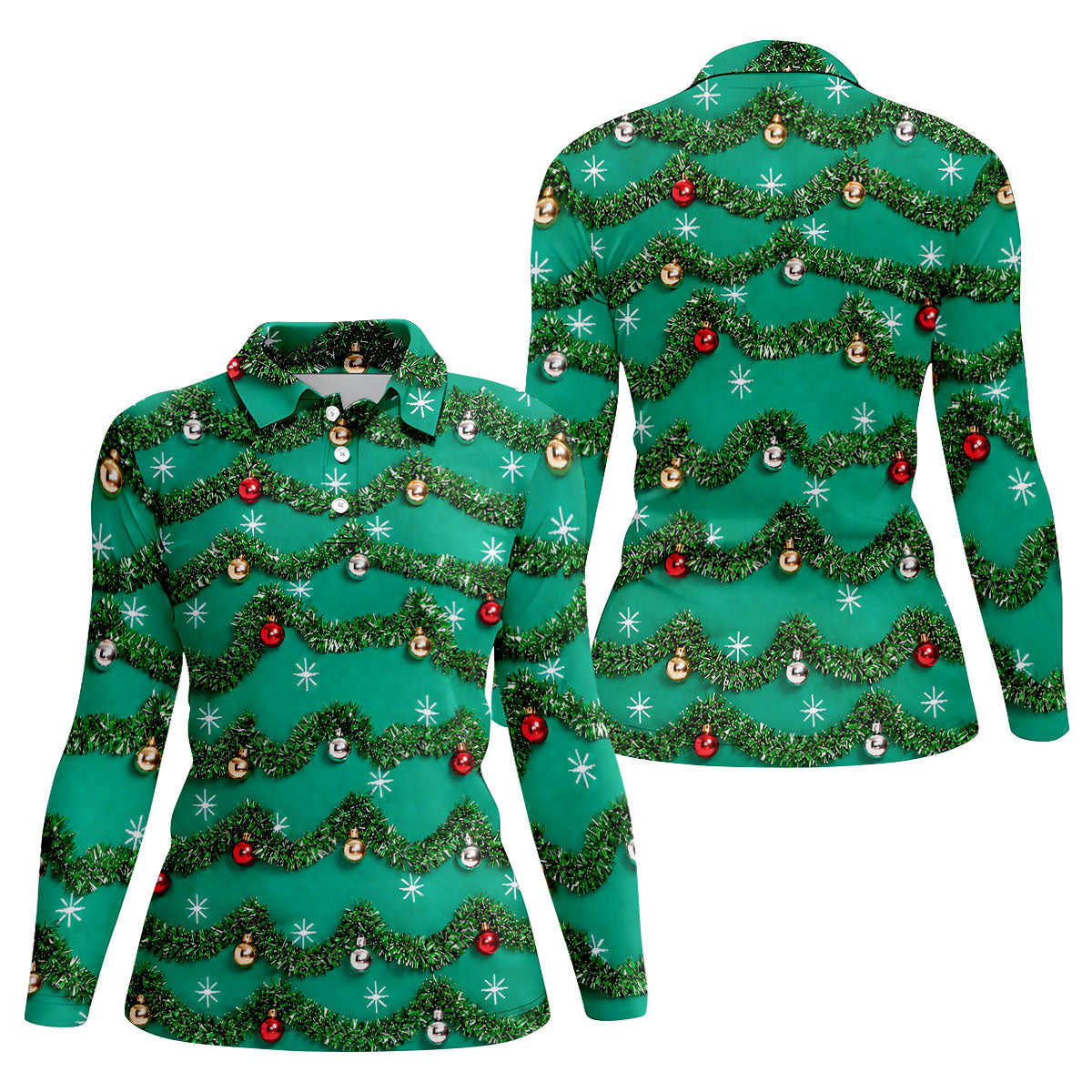 Tinsel Garland Ornaments Christmas Golf Shirt, Ladies Golf Shirts, Womens Golf Shirts