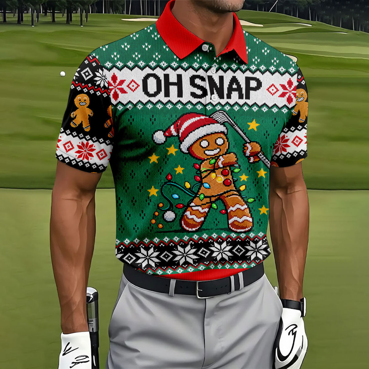 Oh Snap Gingerbread Christmas Golf Shirt, Mens Holiday Golf Shirts, Golf Polo For Men