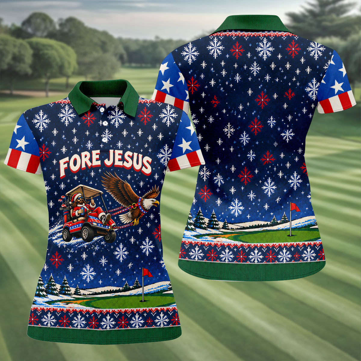 Fore Jesus Eagle Flag Christmas Golf Shirt, Womens Golf Clothing, Womens Golf Apparel