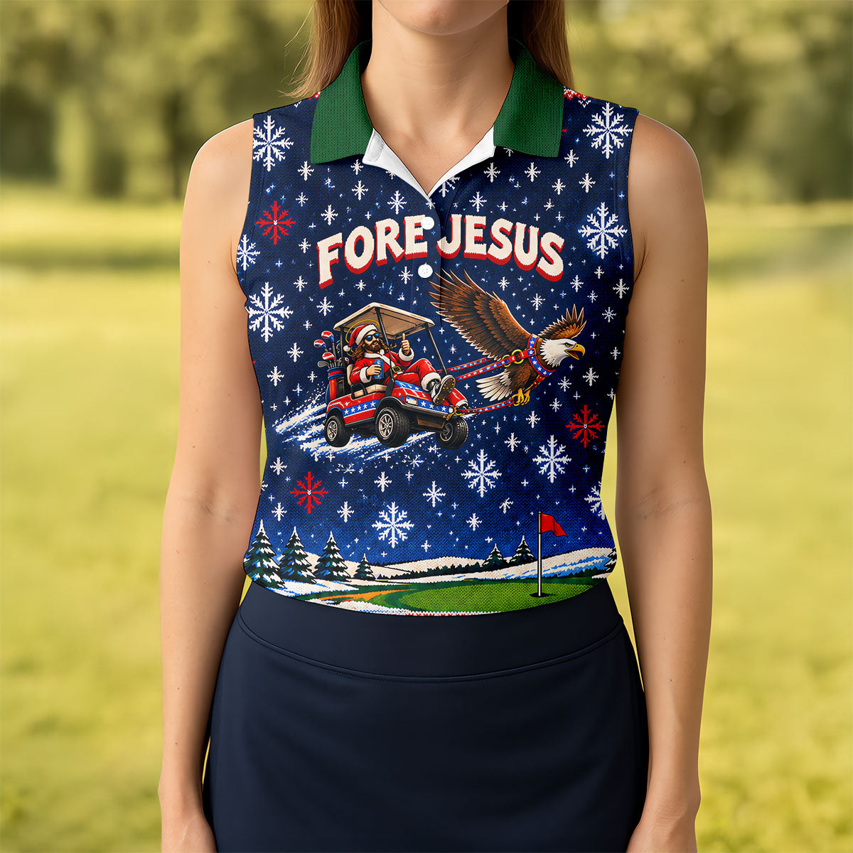 Fore Jesus Eagle Flag Christmas Golf Shirt, Womens Golf Clothing, Womens Golf Apparel