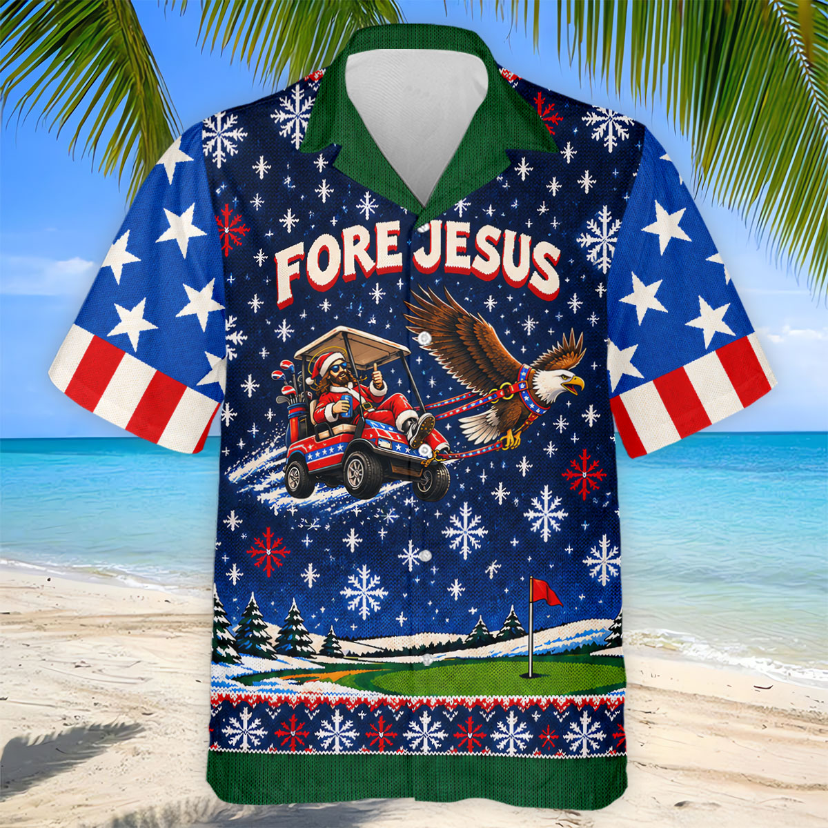 Fore Jesus Eagle Flag Christmas Golf Shirt, Golf Shirts For Men, Mens Golf Shirts