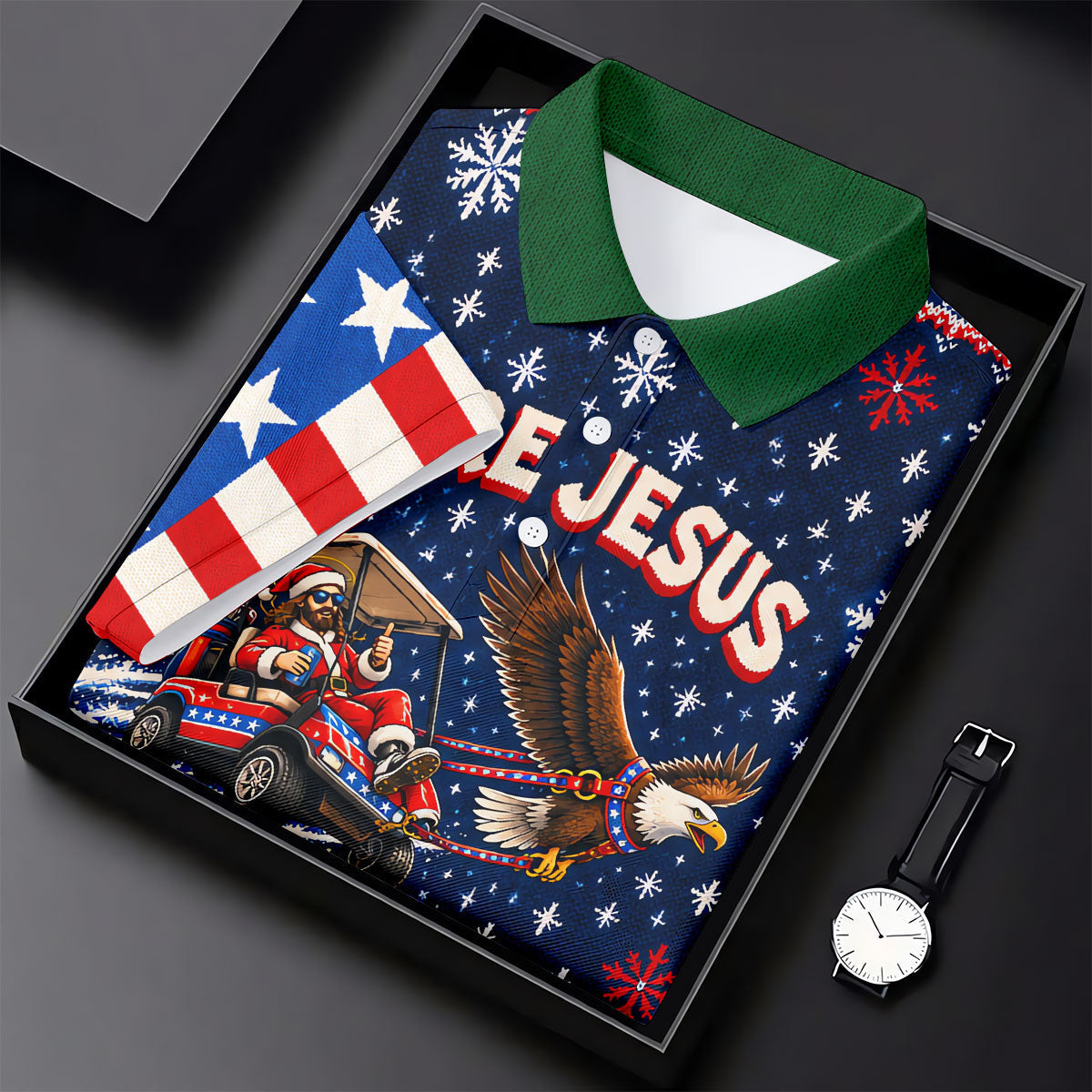 Fore Jesus Eagle Flag Christmas Golf Shirt, Golf Shirts For Men, Mens Golf Shirts