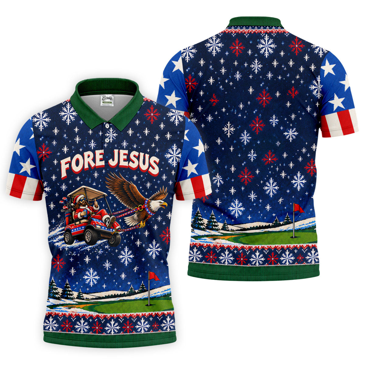 Fore Jesus Eagle Flag Christmas Golf Shirt, Golf Shirts For Men, Mens Golf Shirts