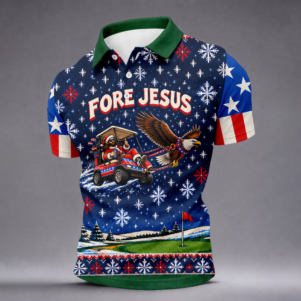 Fore Jesus Eagle Flag Christmas Golf Shirt, Golf Shirts For Men, Mens Golf Shirts