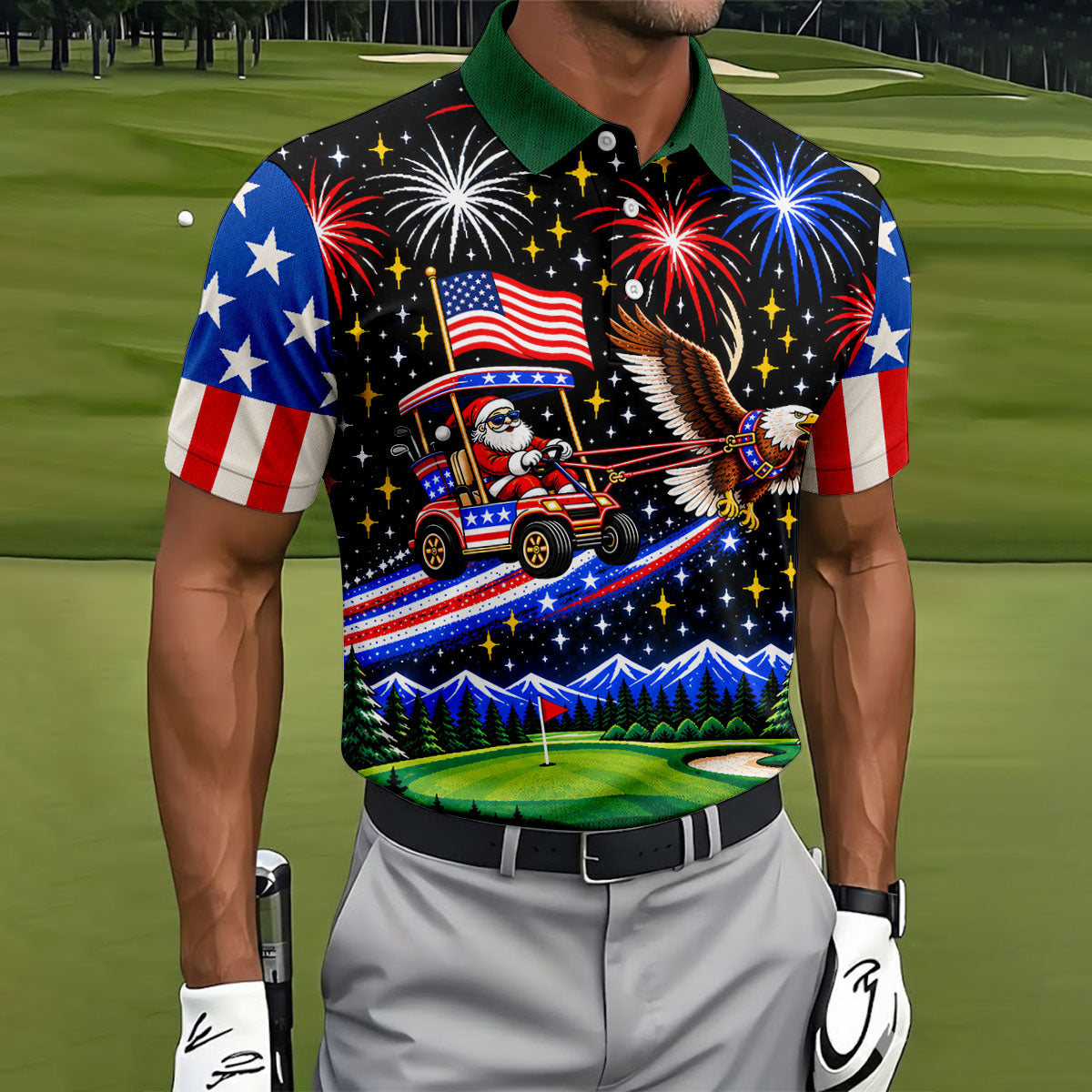 Eagle Santa Golf Cart Christmas Golf Shirt, Golf Polo For Men, Funny Mens Golf Shirts