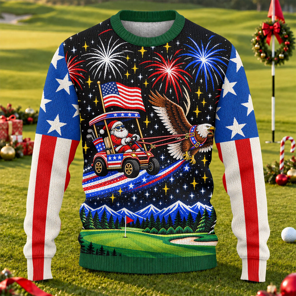 Eagle Santa Golf Cart Ugly Christmas Sweater, Funny Christmas Outfit, Funny Xmas Gift