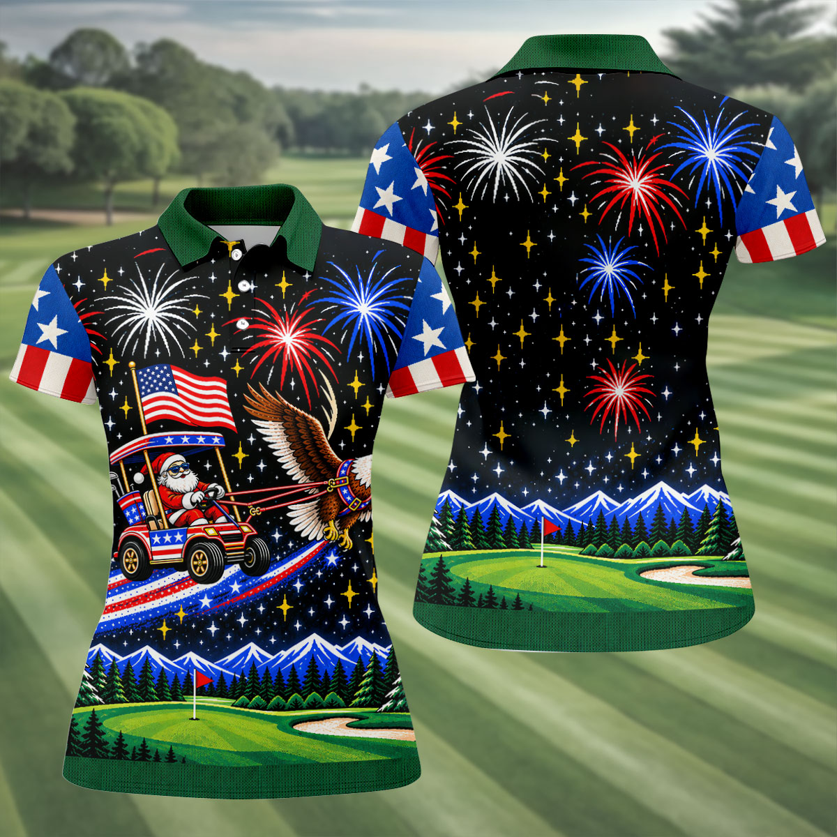 Eagle Santa Golf Cart Christmas Golf Shirt, Ladies Golf Shirts, Golf Shirts For Women