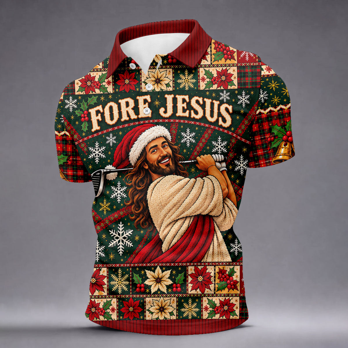 Fore Jesus Santa Hat Christmas Golf Shirt, Mens Golf Shirts, Mens Holiday Golf Shirts