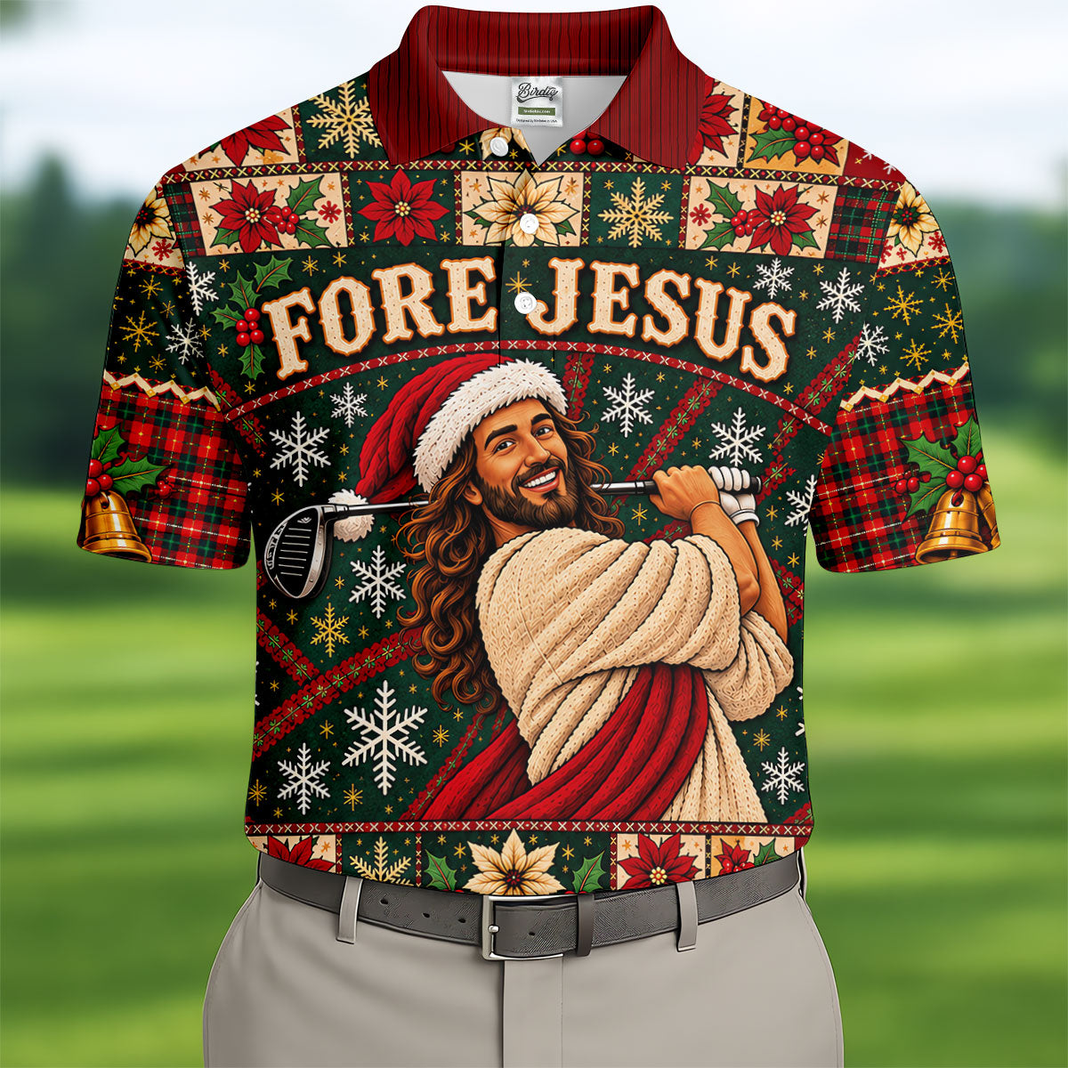 Fore Jesus Santa Hat Christmas Golf Shirt, Mens Golf Shirts, Mens Holiday Golf Shirts
