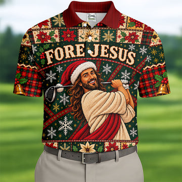 Fore Jesus Santa Hat Christmas Golf Shirt, Mens Golf Shirts, Mens Holiday Golf Shirts