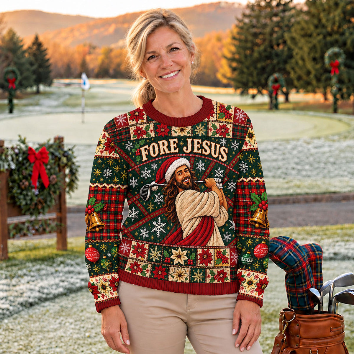 Fore Jesus Santa Hat Ugly Christmas Sweater, Christmas Sweater Gift, Golf Lover Gifts