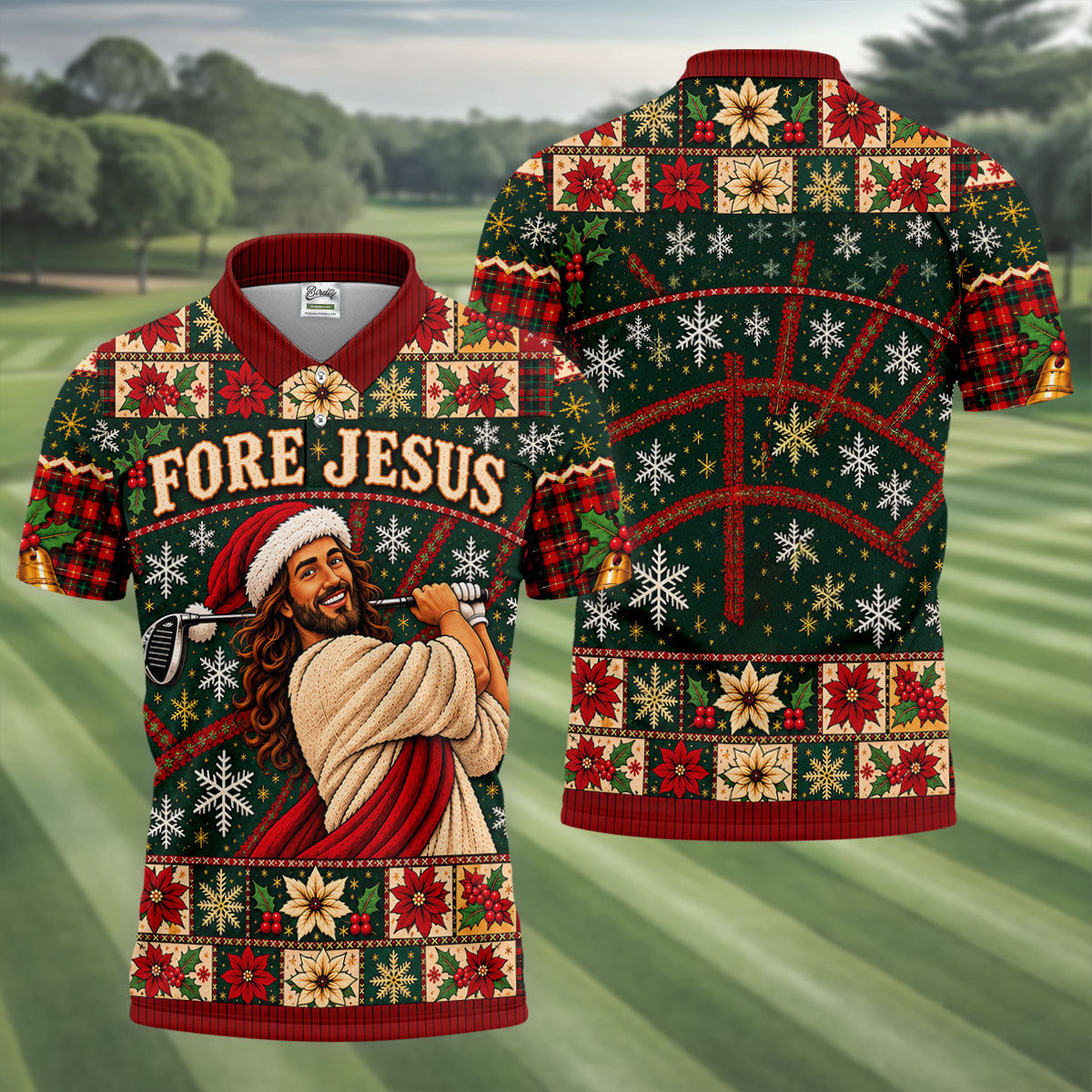 Fore Jesus Santa Hat Christmas Golf Shirt, Mens Golf Shirts, Mens Holiday Golf Shirts