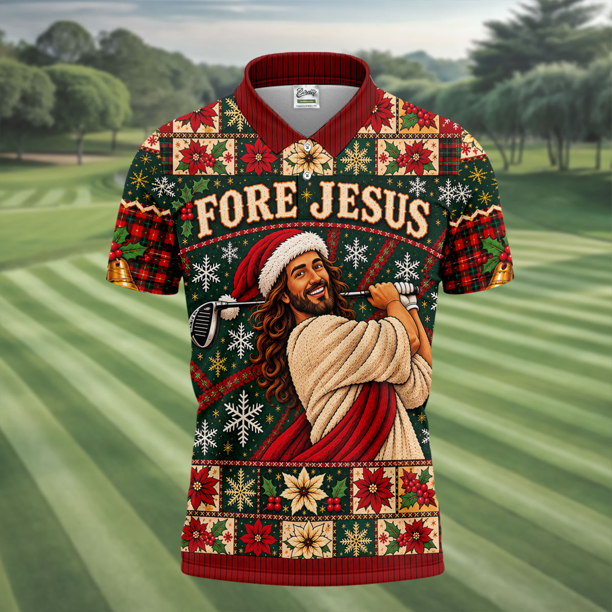 Fore Jesus Santa Hat Christmas Golf Shirt, Mens Golf Shirts, Mens Holiday Golf Shirts