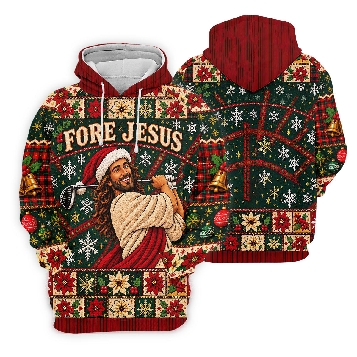 Fore Jesus Santa Hat Christmas Golf Shirt, Mens Golf Shirts, Mens Holiday Golf Shirts