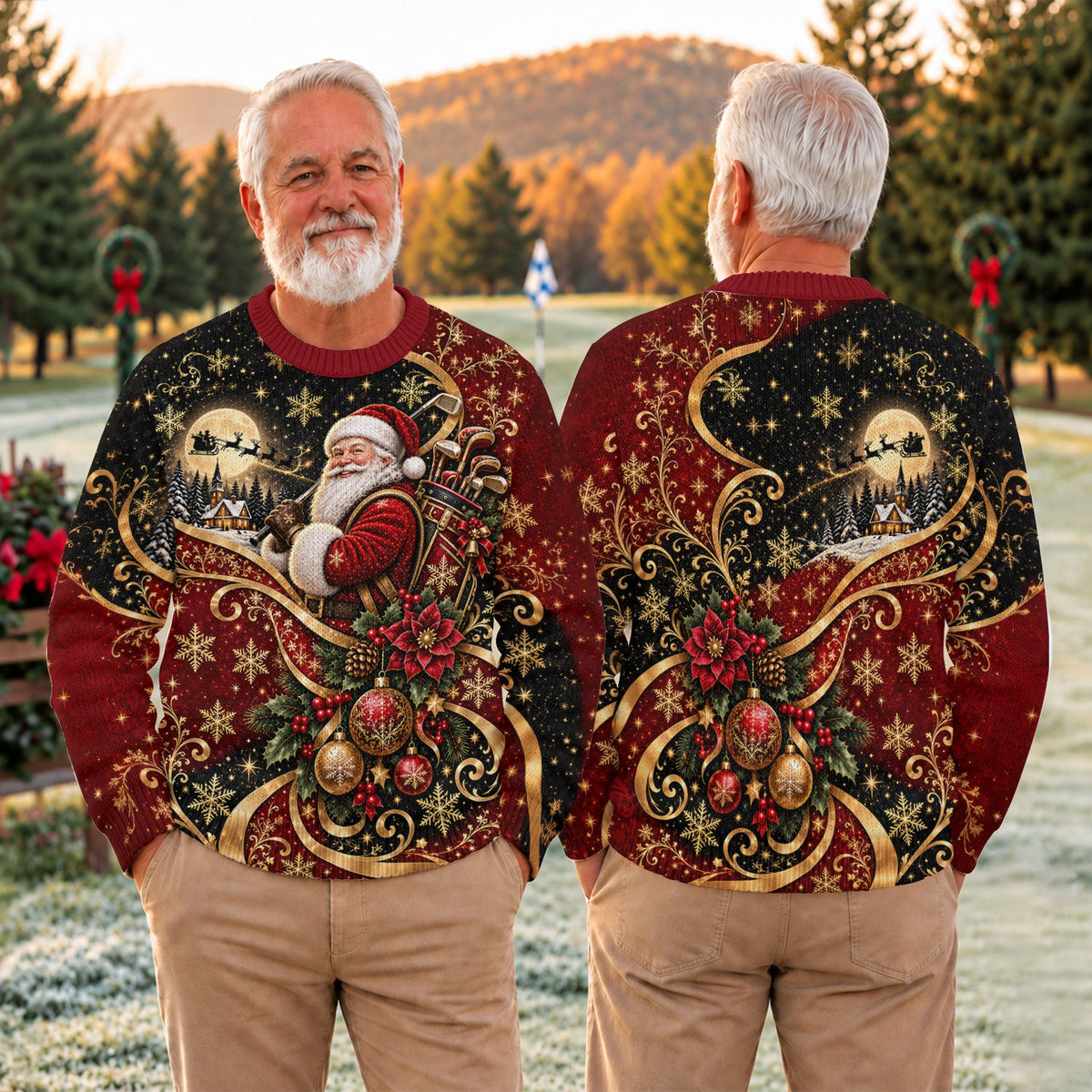 Golden Swirl Santa Golfer Ugly Christmas Sweater, Christmas Gifts, Ugly Sweater Party