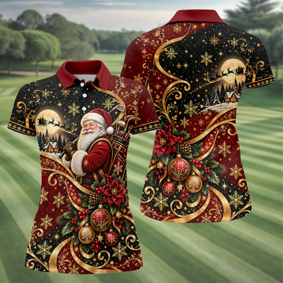 Golden Swirl Santa Golfer Christmas Golf Shirt, Womens Golf Tops, Ladies Golf Shirts