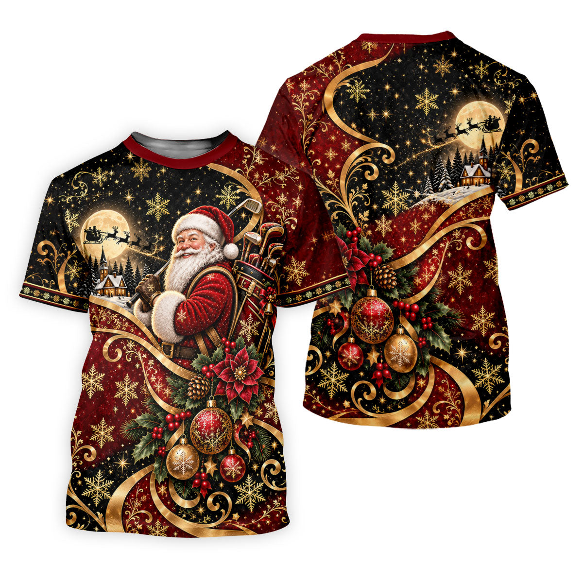 Golden Swirl Santa Golfer Christmas Golf Shirt, Womens Golf Tops, Ladies Golf Shirts