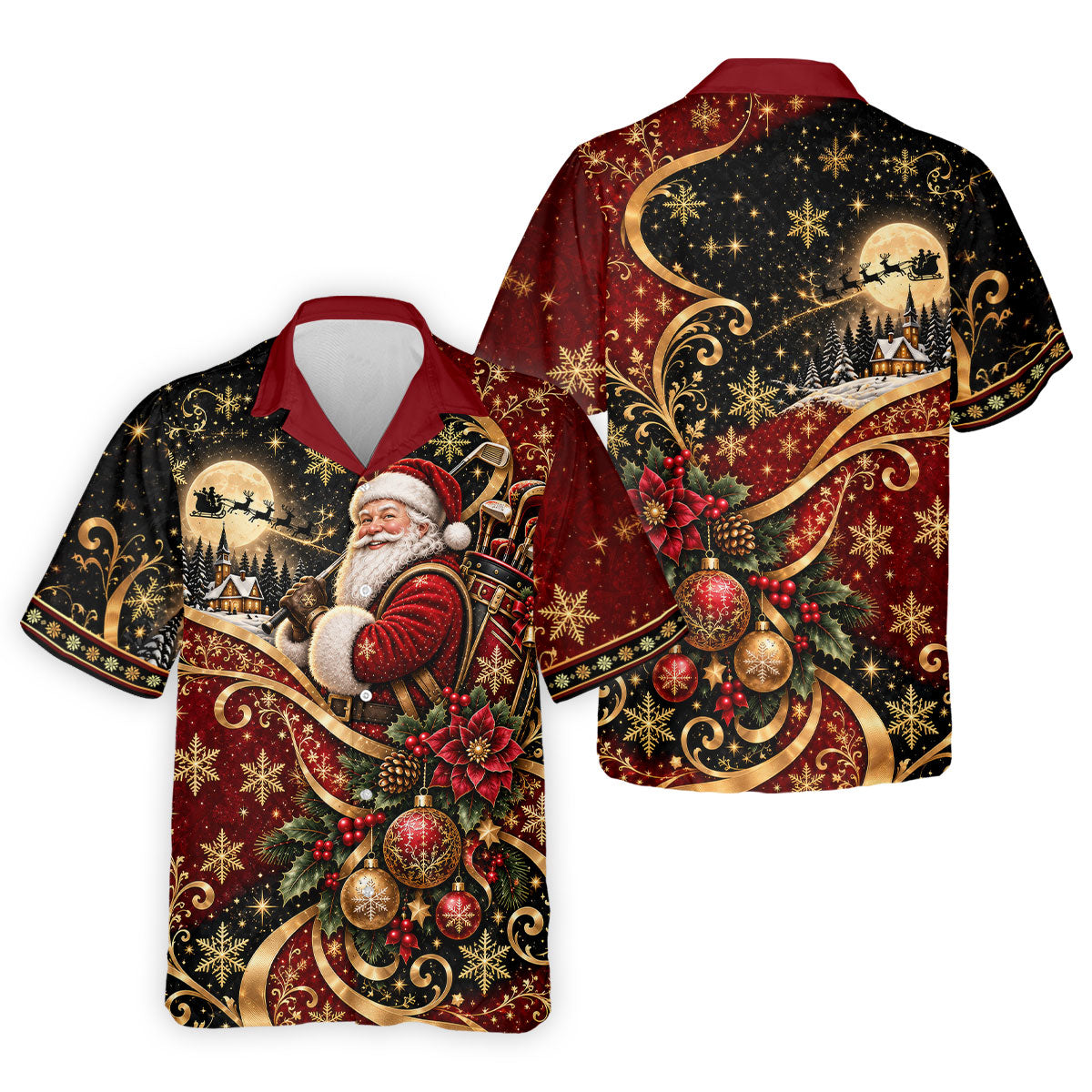 Golden Swirl Santa Golfer Christmas Golf Shirt, Mens Golf Polo, Golf Shirts For Men