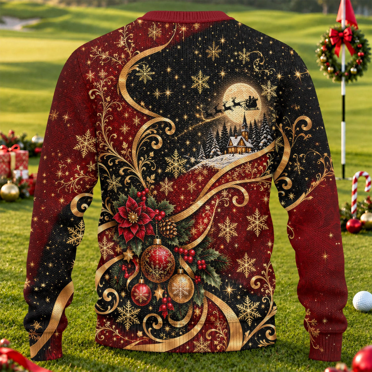 Golden Swirl Santa Golfer Ugly Christmas Sweater, Christmas Gifts, Ugly Sweater Party