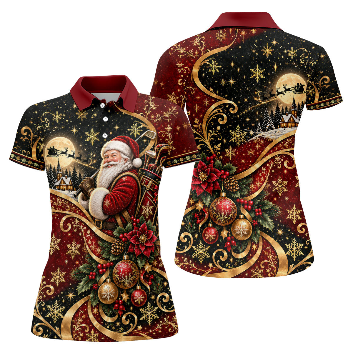 Golden Swirl Santa Golfer Christmas Golf Shirt, Womens Golf Tops, Ladies Golf Shirts